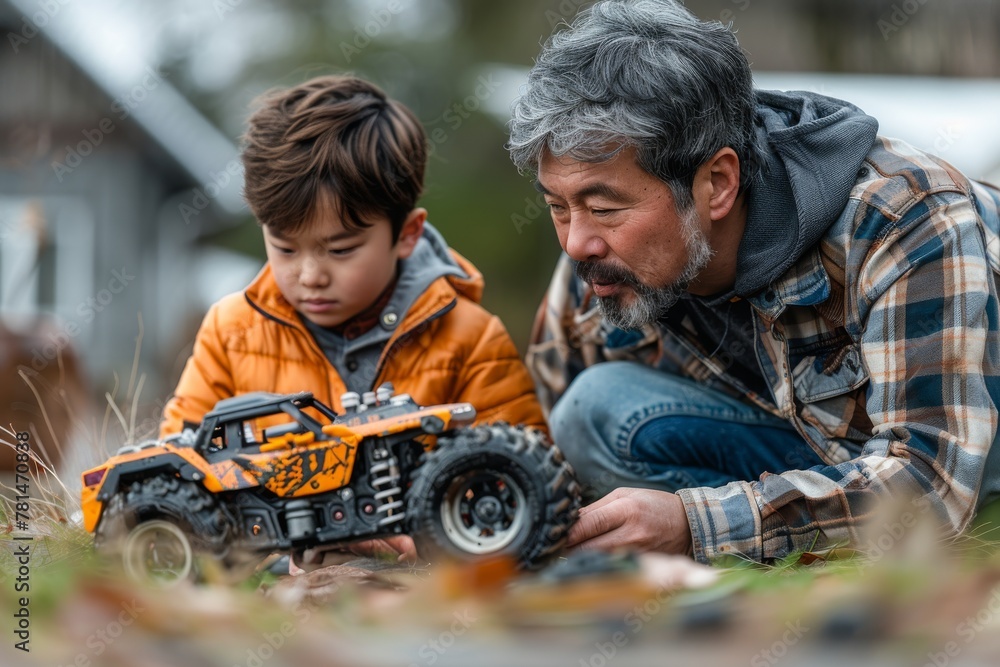 An adult man and a young boy engage in play with a large toy truck outdoors