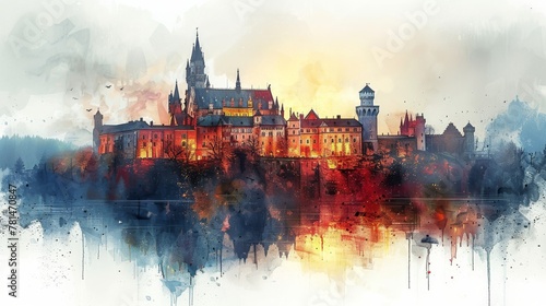 A stunning watercolor artwork depicting the beautiful architecture and autumnal tones of a historical European city reflected in the calm waters of a river