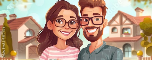 Cartoon couple saving money for house photo
