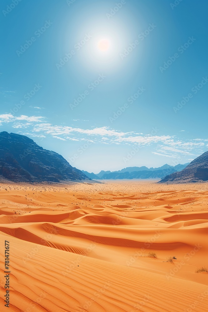 A sprawling desert expanse with a cloudless azure sky above.