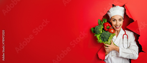 Joyful chef with a stethoscope around her neck is surrounded by leafy greens and veggies as she emerges through a red paper background © Fxquadro