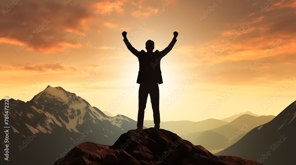 Silhouette of businessman raising hand standing on the mountain. Back view, Leadership, successful, mountain view and blue sky on background