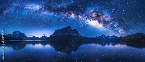 A night sky filled with stars above a serene mountain lake, peaceful and aweinspiring nature landscape