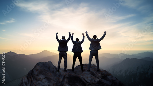 Silhouette of three businessman raising hand standing on the mountain. Back view, Leadership, successful, mountain view and blue sky on background