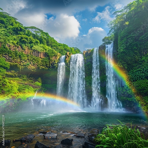 A rainbow over a waterfall in a lush rainforest, vibrant and lively nature landscape photo