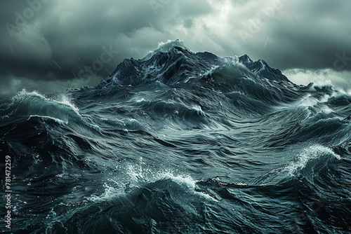Dramatic storm clouds brood over tumultuous ocean waves, capturing a moment of nature's powerful and untamed beauty.