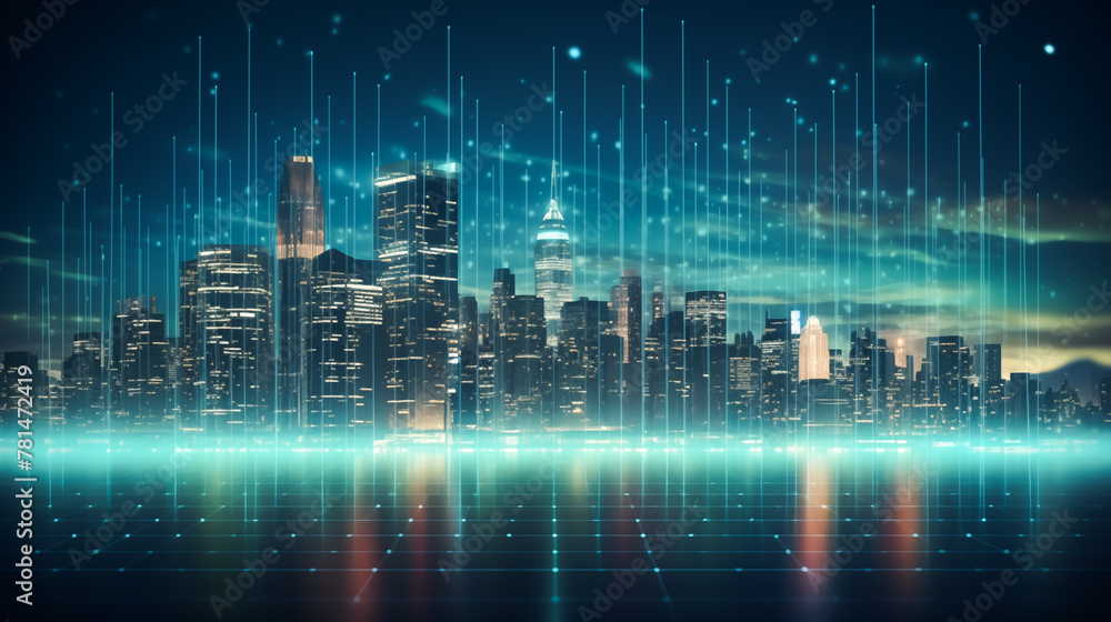 Abstract glowing big data forex chart on blurry city backdrop. Trade, technology, investment and analysis concept Abstract glowing big data forex chart on blurry city backdrop. Trade, technology, investment and analysis concept