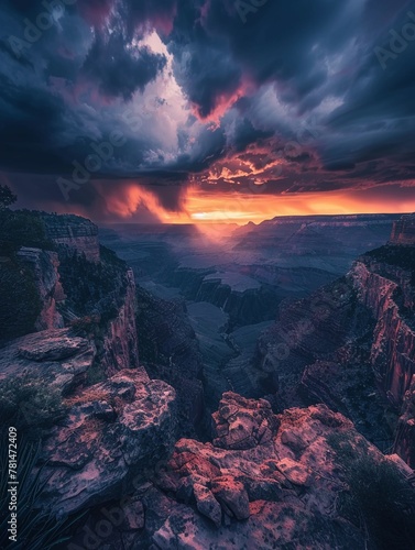 A thunderstorm over a vast canyon, dramatic and powerful nature landscape