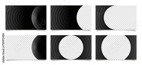 Set of black and white presentation slides. Abstract business card templates with transparent space. Background with trendy geometric pattern, rounds and circles. Futuristic cosmic design