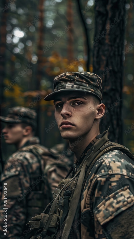 emotionless young soldiers in military uniform standing in a forest and looking at camera