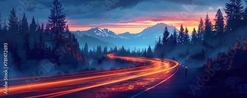 Fast night drive across mountain road photo