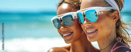 Female friends on beach in sun visors photo