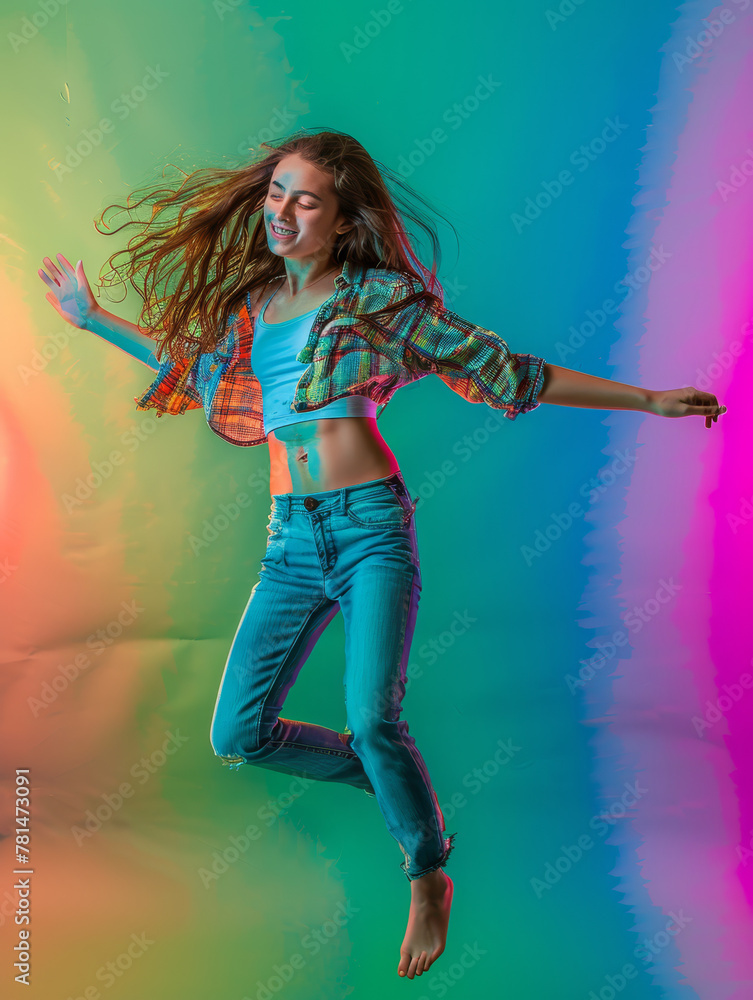 Joyful Young Woman Dancing Against Colorful Graffiti Wall.
