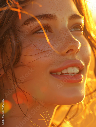 A captivating close-up portrait of a woman bathed in the warm golden hour sunlight, highlighting her freckles..