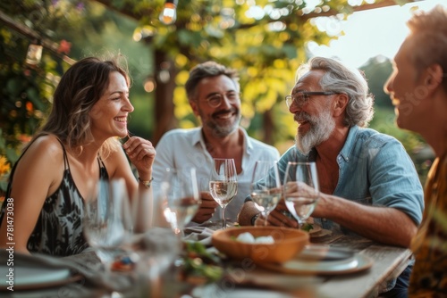 A group of mature people are sitting around a table with glasses and plates of food. They are smiling and laughing  enjoying each other s company