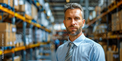 Confident Warehouse Manager Overseeing Logistics Operations photo