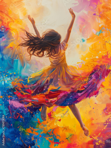 Joyful Woman Dancing in Colorful Abstract Painting.