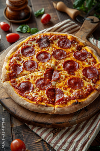 Freshly Baked Pepperoni Pizza on Wooden Board with Basil Garnish