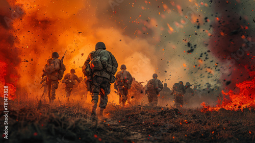 American soldiers on battlefield. WW2 illustration of american soldiers platoon attacking on a battlefield with explosions and mist background. photo