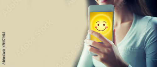 Woman review with happily on mobile phone.