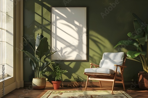 Room mock up, picture frame mock up, minimal style room, posture mock up, white picture frame mock up, green living room