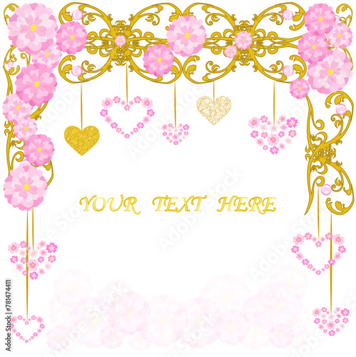 Beautiful vector wedding invitation card. Romantic delicate background with a frame and hearts of golden patterns, flowers, pink beads, hearts of flowers, a place for your text on a white background