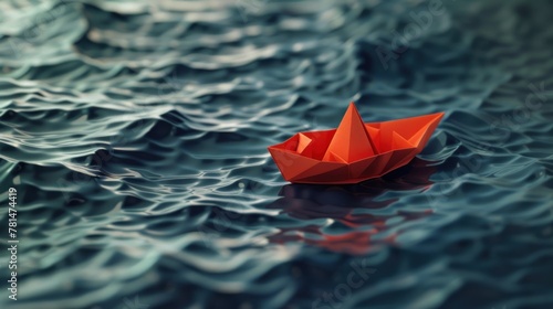 A Red paper boat origami on the ocean water. AI generated image © atapdesain