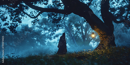 Mysterious Figure Illuminated by Lantern in Misty Forest at Twilight