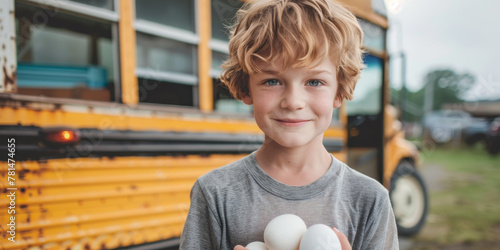Smiling Boy Holding Eggs in Front of School Bus on a Sunny Day photo