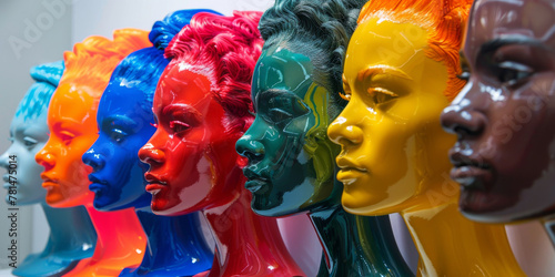 Vibrant Rainbow Colored Mannequin Heads in a Row