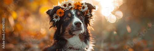 Autumn Splendor: Adorable Dog with Daisy Flower Crown in Golden Light photo