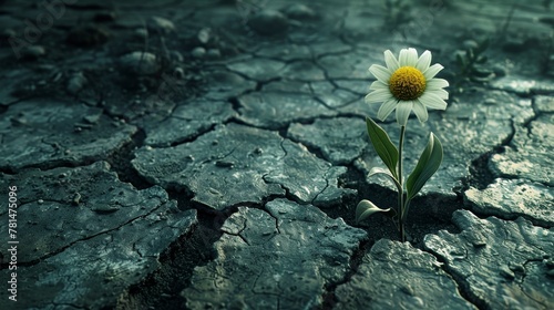 A single daisy stands resilient amid a parched landscape of cracked soil, symbolizing hope and persistence in adversity. © JackBoiler