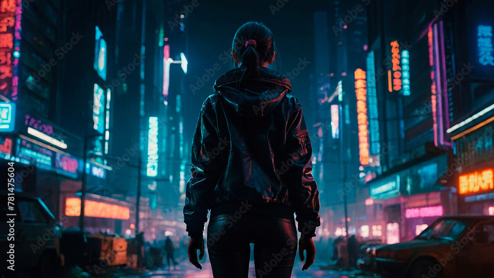 A young woman standing on a street of night futuristic megapolis city. Retrofuturism art woman model photography illustration. Beautiful neon lights and deep shadows.