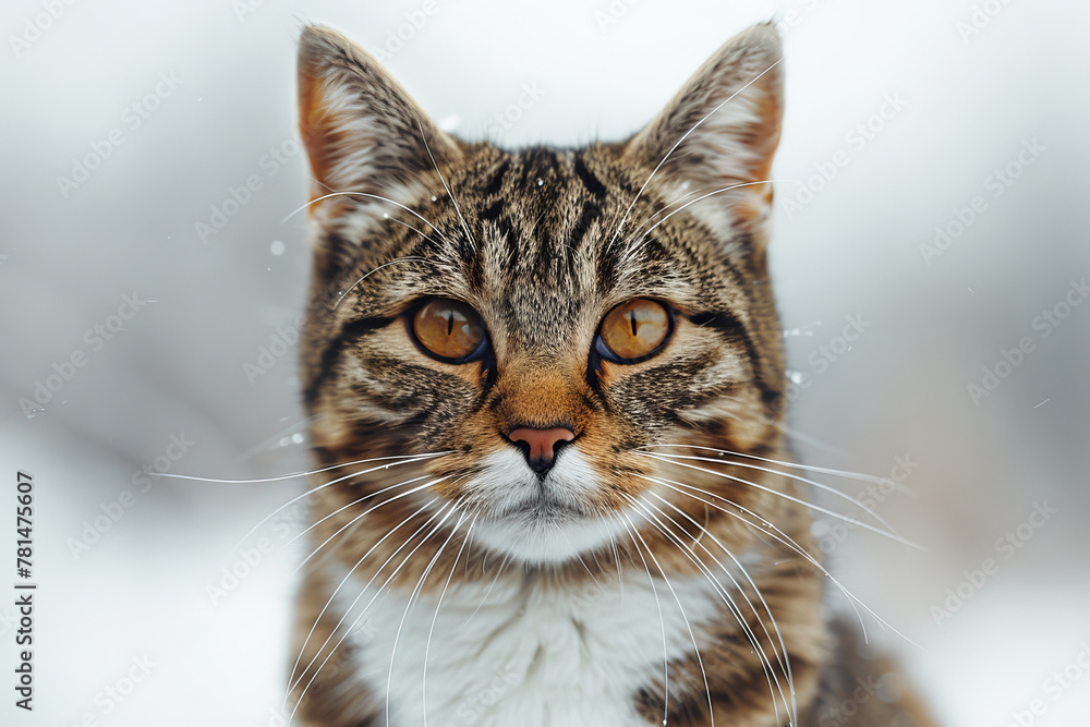 Majestic Tabby Cat with Amber Eyes in Snowy Landscape