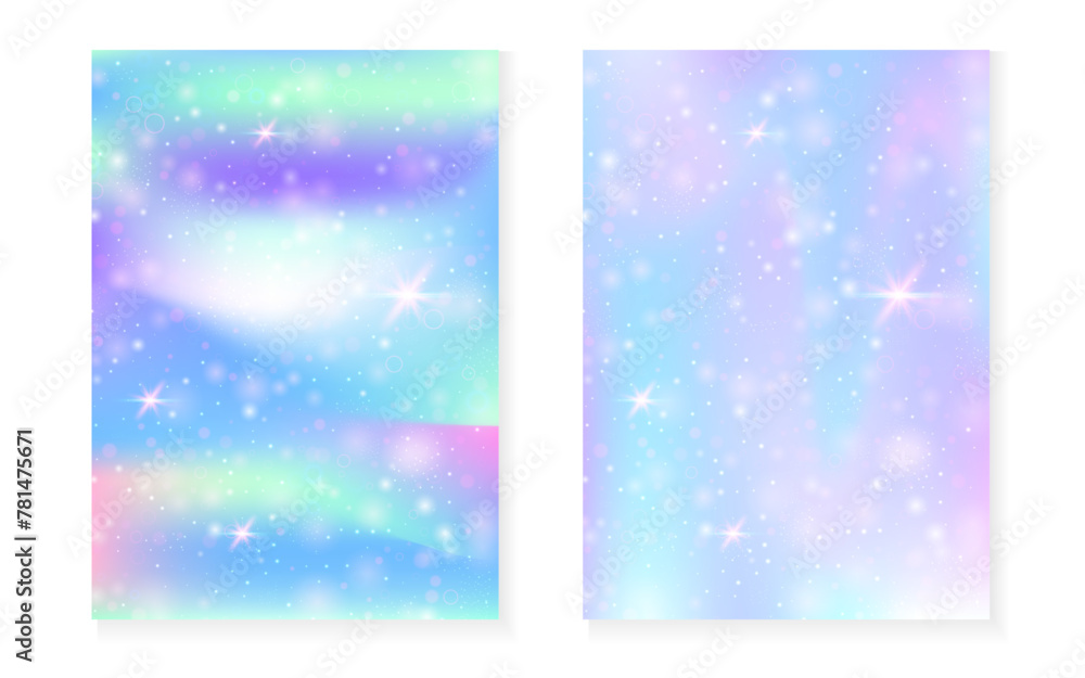 Kawaii background with rainbow princess gradient. Magic unicorn hologram. Holographic fairy set. Creative fantasy cover. Kawaii background with sparkles and stars for cute girl party invitation. Kawaii background with rainbow princess gradient. Magic unicorn hologram. Holographic fairy set. Creative fantasy cover. Kawaii background with sparkles and stars for cute girl party invitation.
