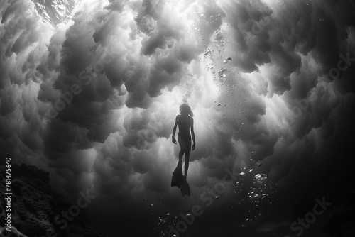Surfer Underwater with Sunlight Through Waves. © bajita111122