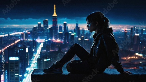 A pretty young girl sitting on a ledge looking at the night futuristic city. Retrofuturism art woman model photography illustration. Beautiful neon lights and deep shadows.