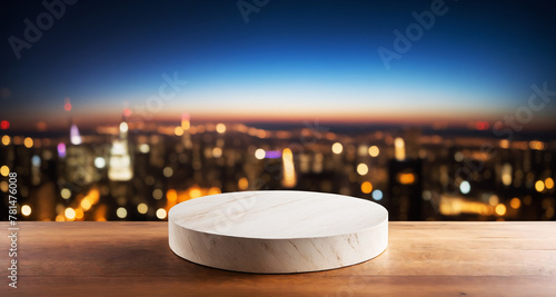 Clean wooden disk before a night city skyline; apt for showcasing accessories. photo