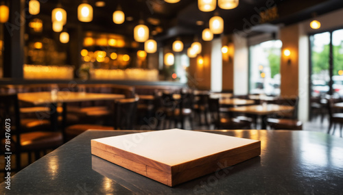 Stylish bistro with wooden tabletop surface  suited for gourmet product placements or menus.