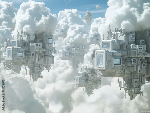 A group of white buildings are floating in the sky. The buildings are all different shapes and sizes, and they are all connected to each other. The sky is filled with clouds