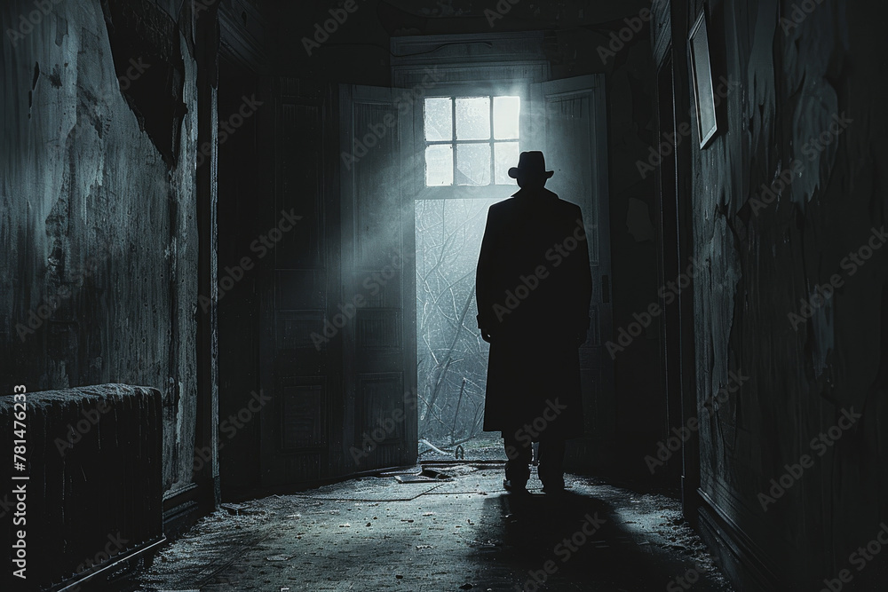 Mysterious Silhouette in an Abandoned Building with Sunlight Streaming