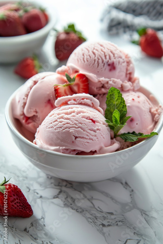Strawberry Ice Cream Scoops in Bowl with Fresh Berries
