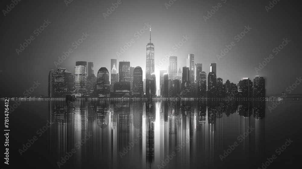 Monochrome Cityscape Reflection on Water at Night