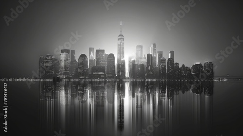 Monochrome Cityscape Reflection on Water at Night © Theeramet