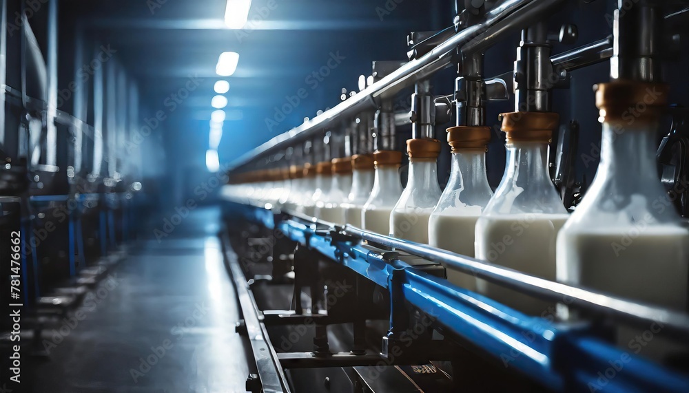 Fototapeta premium Equipment dairy plant, milk factory industry. Modern factory background. Conveyor with milk production line. Close up detail of industrial equipment 