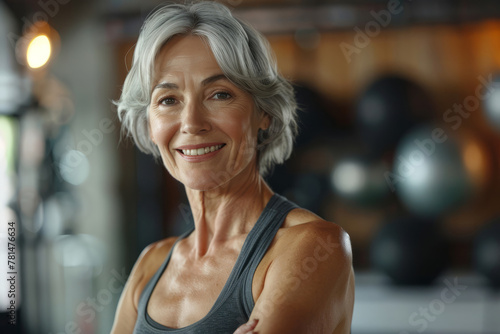 A woman with gray hair is smiling and posing for a picture. She is wearing a gray tank top and she is in a gym. Portrait of a happy senior woman posing isolated in fitness studio © Nataliia_Trushchenko