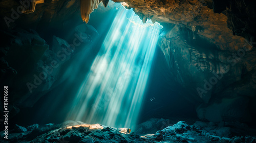 A mysterious passage in the cave illuminated by delicate rays of sunlight. Tajemnicze przejście w jaskini oświetlone delikatnymi promieniami słońca