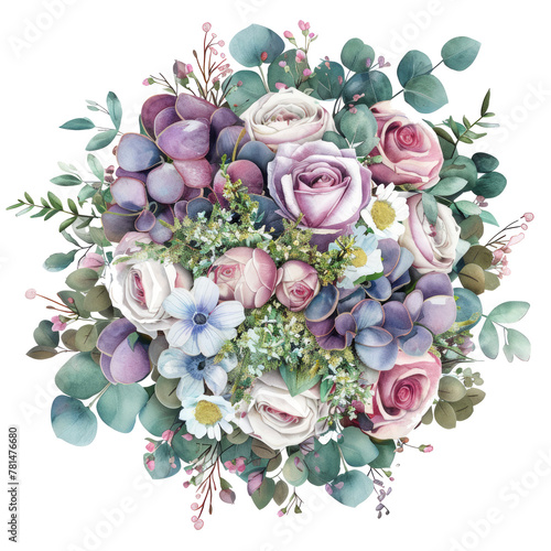 bouquet rotondo stile acquerello di violette bianche, rose rosa, foglie di eucaliptus e fiori di camomilla e ortensie giapponesi verdi, disegno floreale per matrimonio
