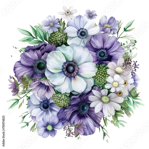 bouquet rotondo in stile acquerello di anemoni ,  fiori di camomilla e ortensie giapponesi verdi, design floreale per matrimoni, png photo