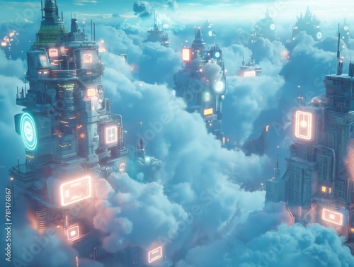 A futuristic cityscape with neon lights and buildings in the sky. Scene is one of wonder and excitement, as the viewer is transported to a world beyond our own